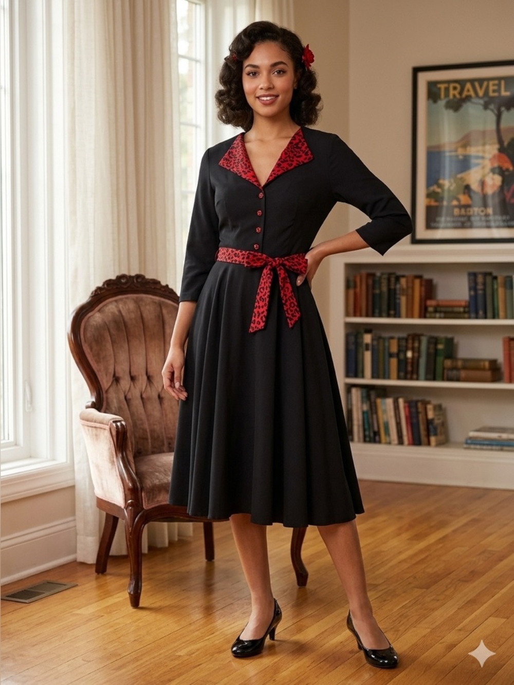 Black Midi Dress with Red Contrast Collar and Belt - Vintage Style